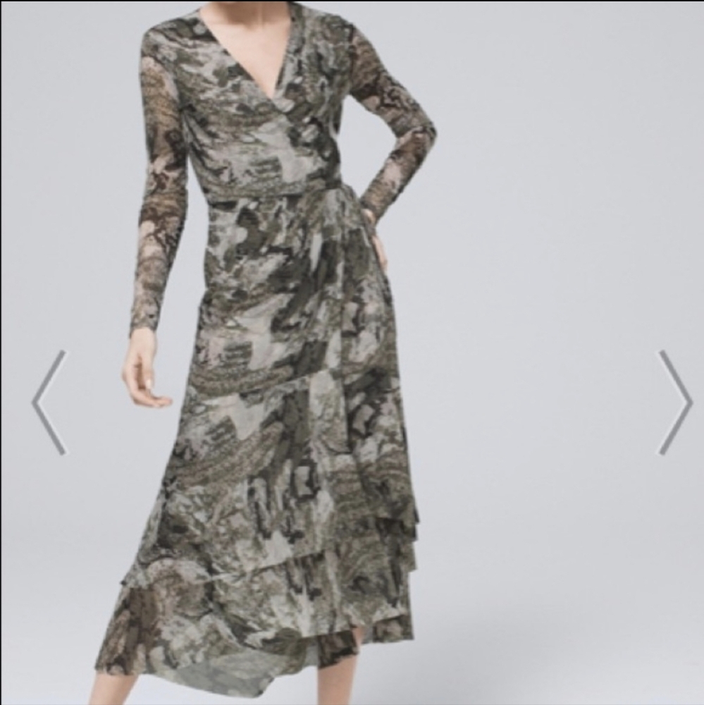 WHBM Long Sleeve Tiered Mesh Wrap Dress Size 8 Olive Snake Print
